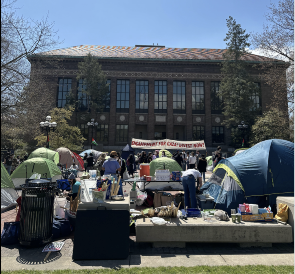 CAMP: Demonstrators at the University of Michigan protest to demand the school cut all ties with the State of Israel in light of its war with Hamas. 